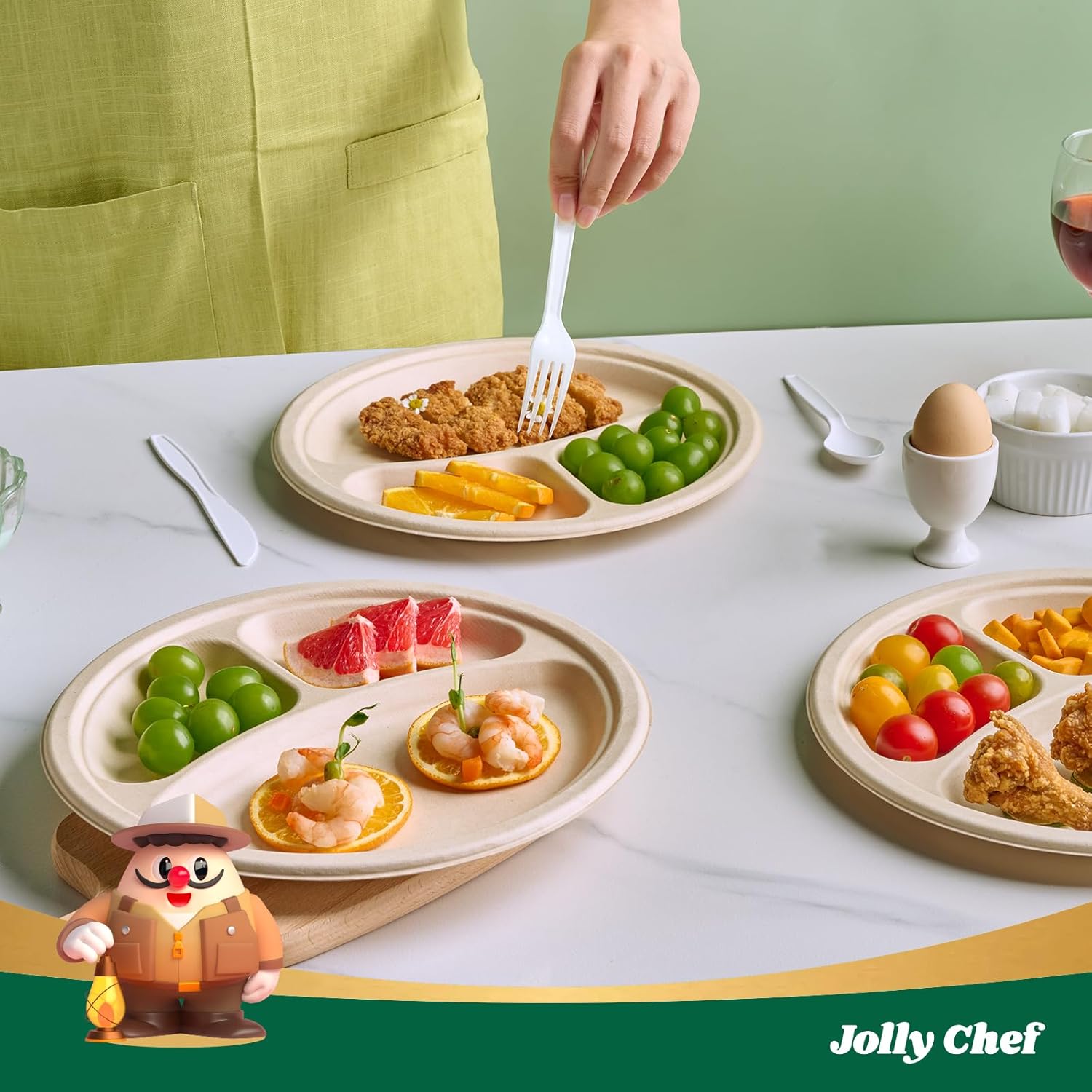 JOLLY CHEF Compostable 𝟯 Compartment Paper Plates 𝟭𝟬 𝗜𝗻𝗰𝗵 [𝟭𝟮𝟱 𝗣𝗮𝗰𝗸] Heavy Duty Divided Disposable Eco-Friendly Bagasse Biodegradable Round Trays for Party Dinner Lunch Christmas (Brown) - Image 4