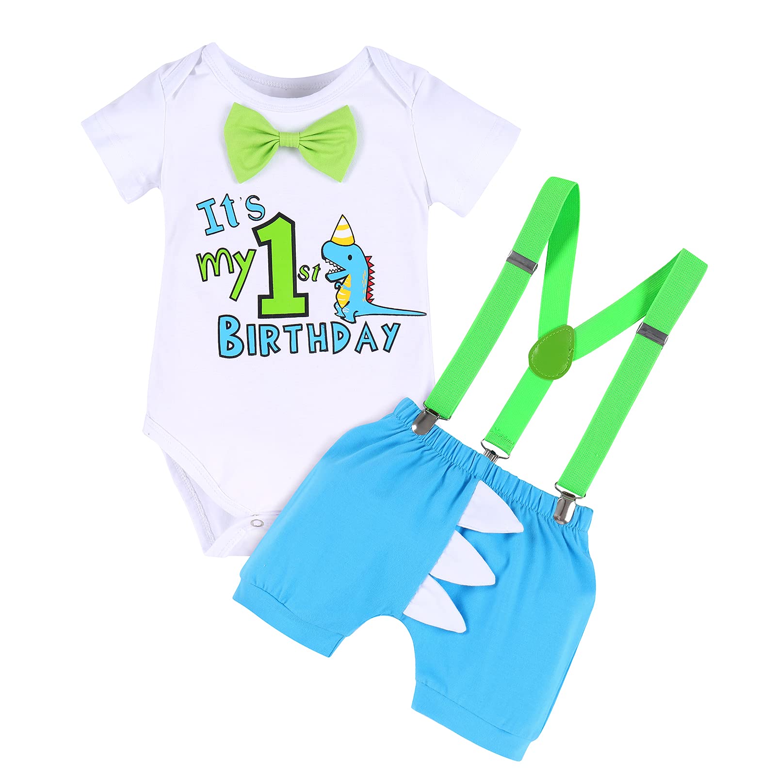 Dinosaur Outfit Boys Baby Cake Smash First Dinosaur Theme Birthday Party Supply Gentleman Romper Suspenders Dino Bloomers Shorts Photo Shoot # Blue + Light Green - It's My 1st Birthday 12-18 Months