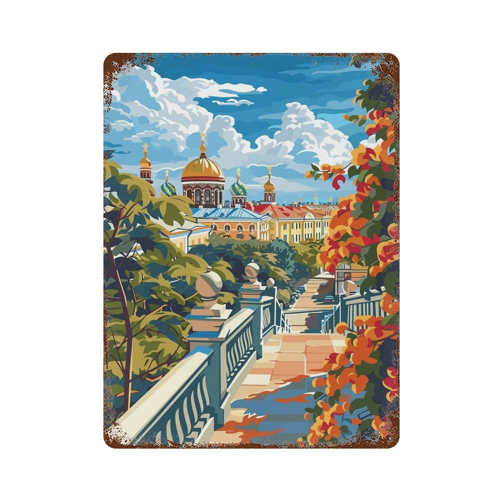 Garage Style Cityscape with Cathedral And Autumn Foliage Aged Metal Wall Plaque 15.7"x11.8", Farmhouse Wall Decor for Bar And Workshop