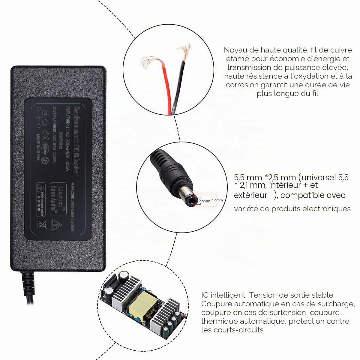 Adaptateur d'alimentation Nobsound DC 24V @ 6A 150W; Brique d'alimentation AC100 ~ 240V pour amplificateur