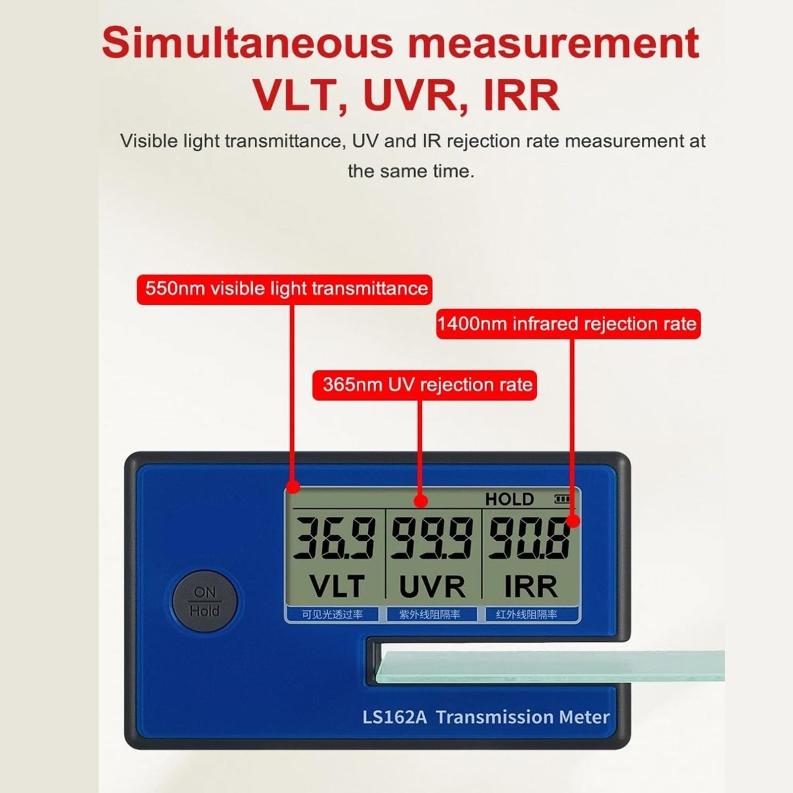 Medidor de Tinte de Ventana de automóvil portátil LS162/LS162A | VLT 380 nm–760 nm, UV 365 nm, IR 940/1400 nm, resolución 0,1 %, capacidad de calibración en tiempo real(LS162)