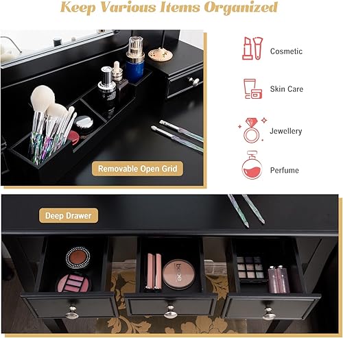 Miniatura 3 de COSTWAY Juego de escritorio de tocador con espejo, escritorio de tocador y taburete acolchado con 5 cajones de almacenamiento, tocador de maquillaje