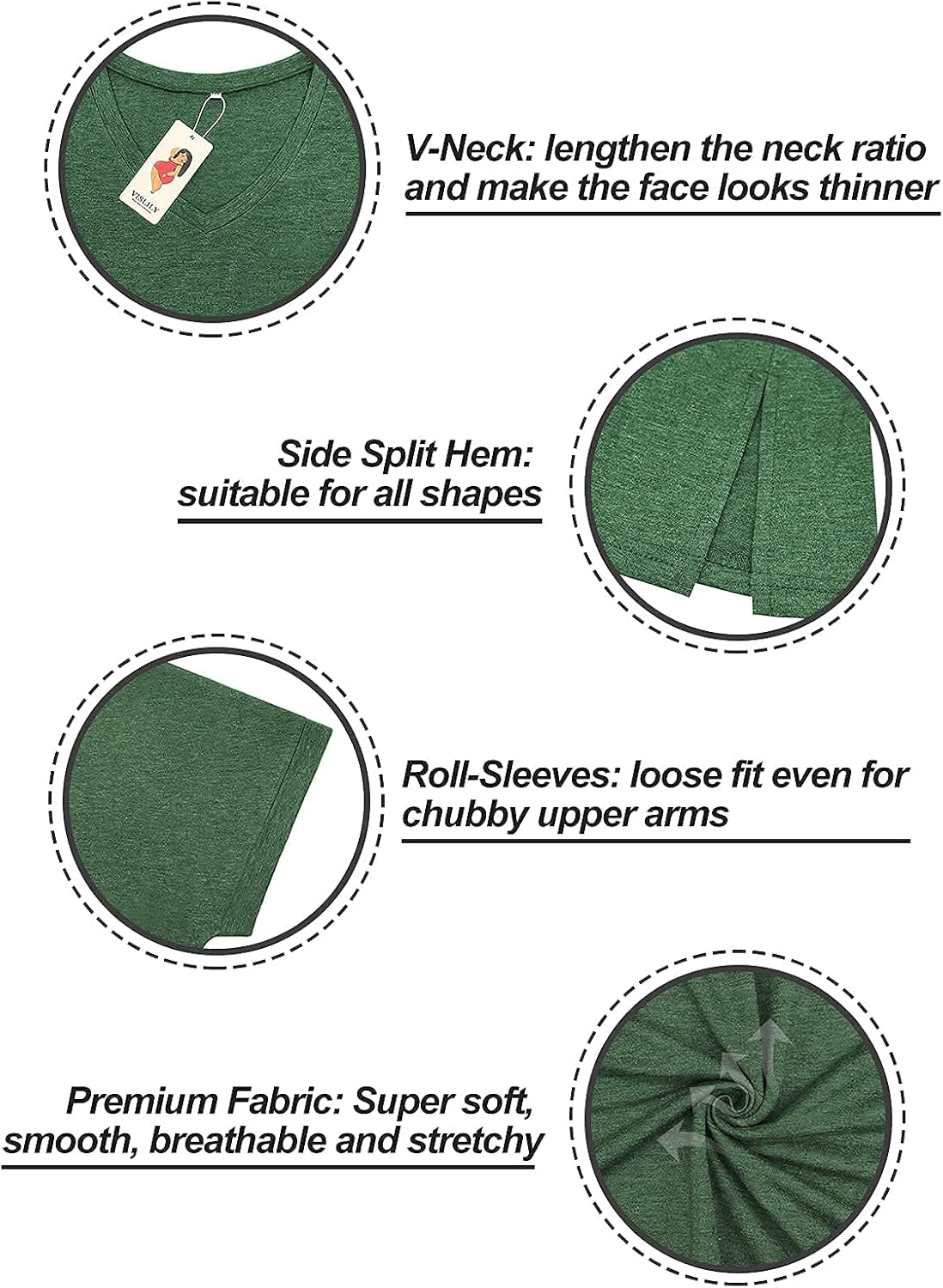 VISLILY Plus-Size-Womens-Tops V Neck Roll Sleeve T Shirts Summer Side Split Tee - Image 2