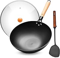 WANGYUANJI 12.6" Carbon Steel Flat Bottom Wok with Lid & Spatula - Induction Gas Electric Compatible, No Chemical Coating, Spun Iron Non-Stick