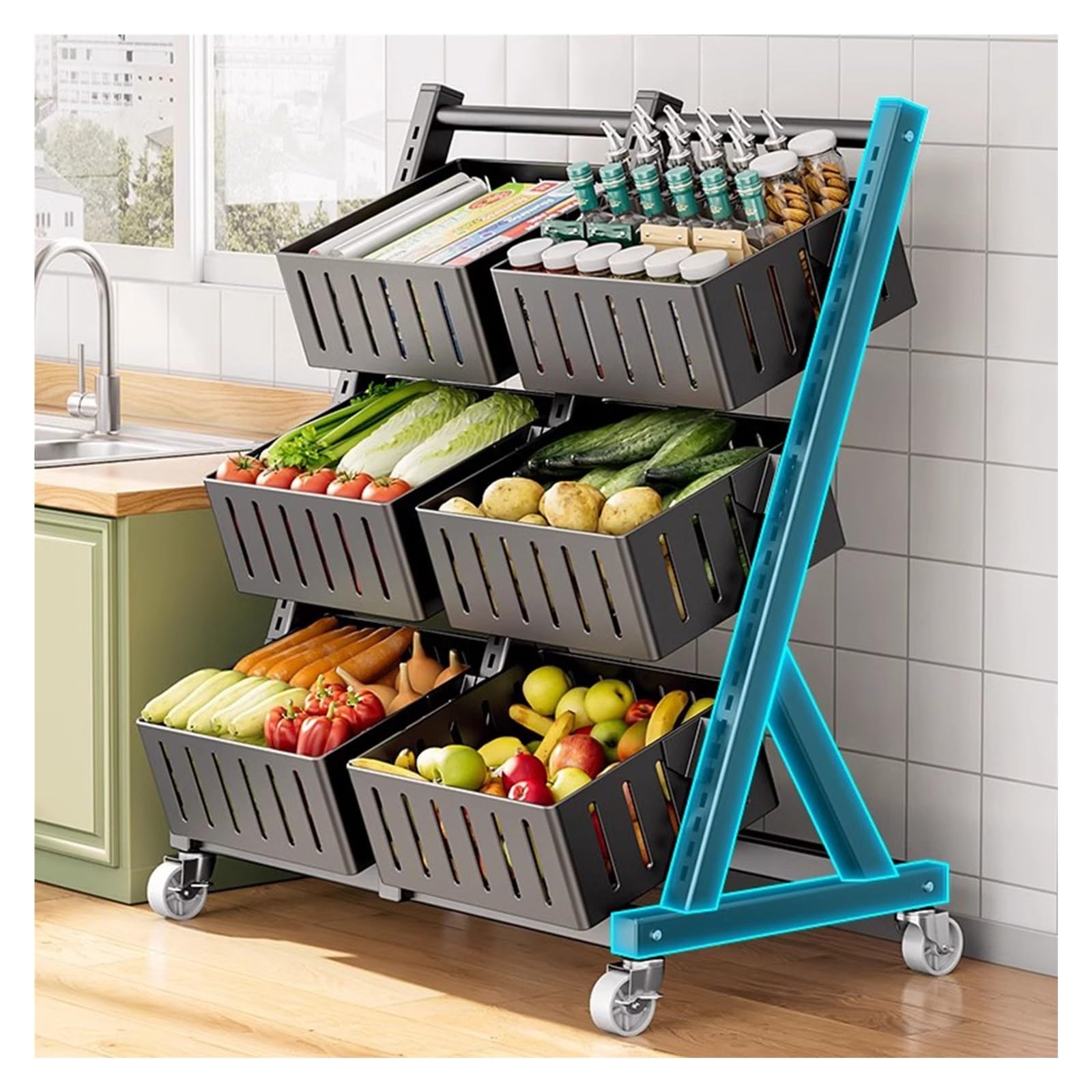Organizador de 3 niveles ajustable con 6 cestas de gran capacidad para fruta y verdura