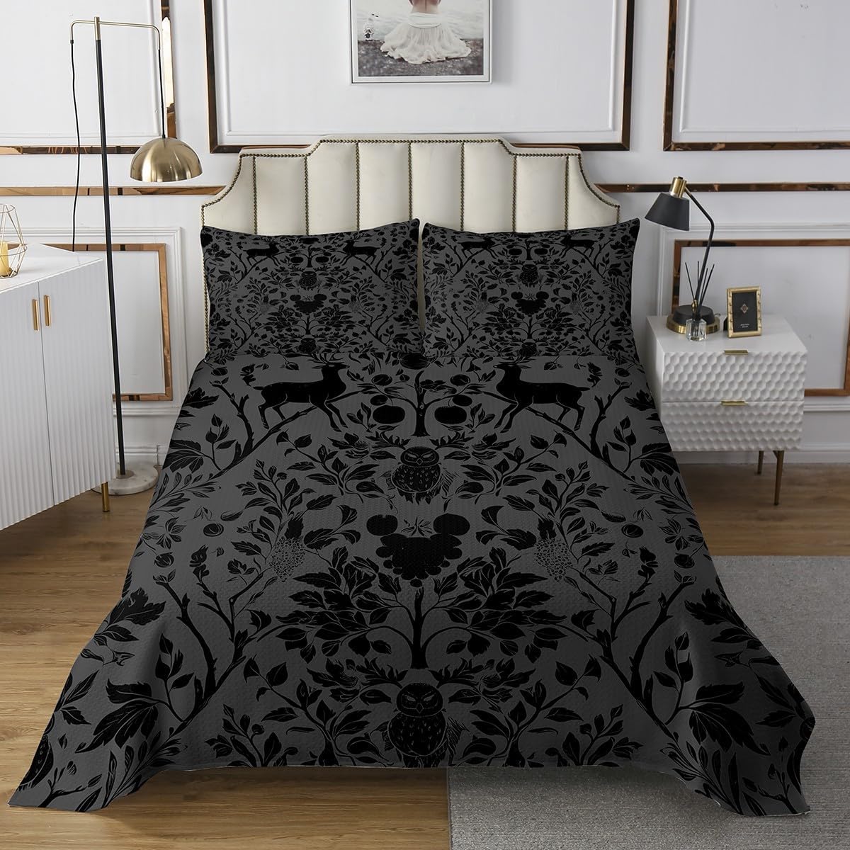 Erosebridal Victorian Damask Animal Print Coverlet Set Black Damask Queen Quilt Set, Vintage Antique Baroque Kids Bedspread Set Boho Flower Exotic Leaves Bed Set Bedroom Decor