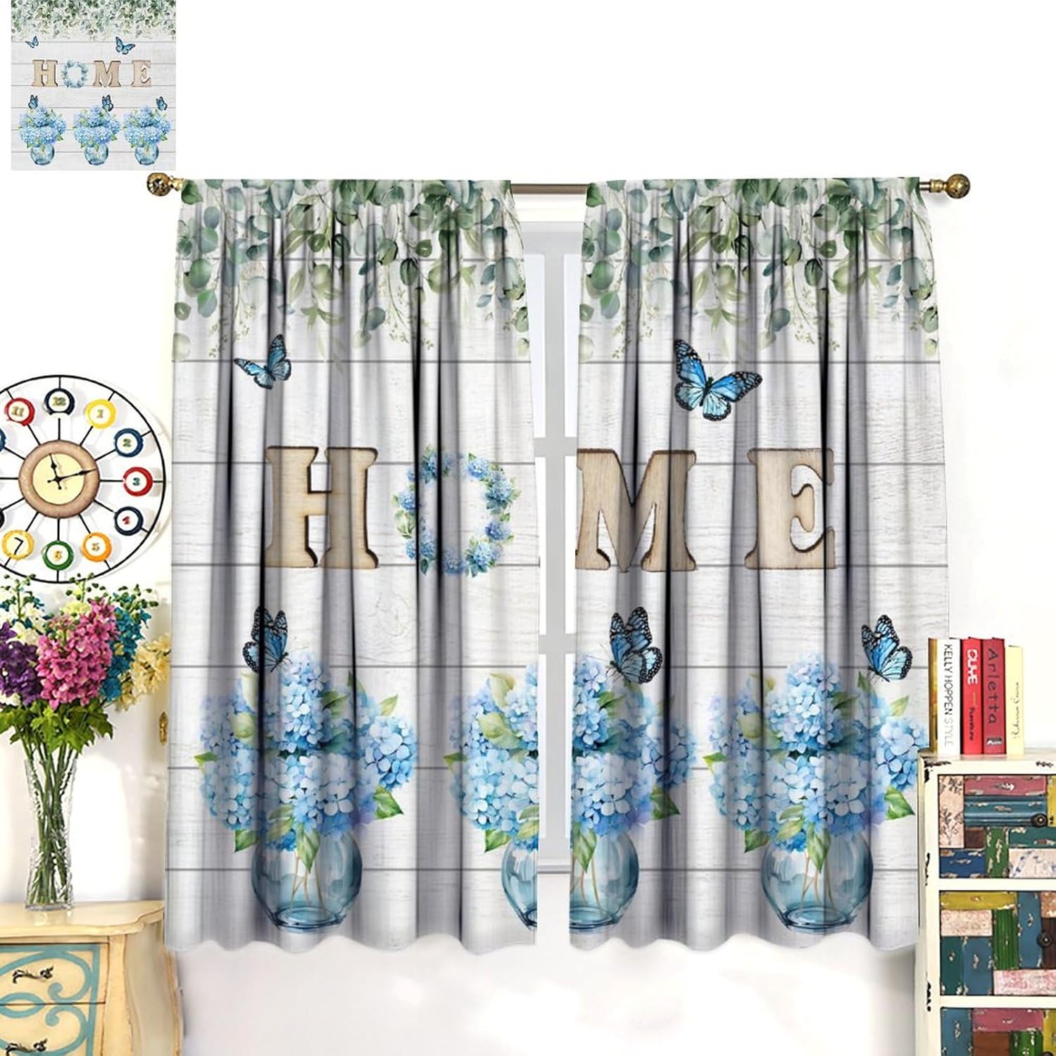 Farmhouse Blackout Curtain,Blue Floral Rustic Vintage Country Wood Plank Window Curtains for Kitchen Bedroom Cafe Dining Room Office Living Room Drapes,63x63 in