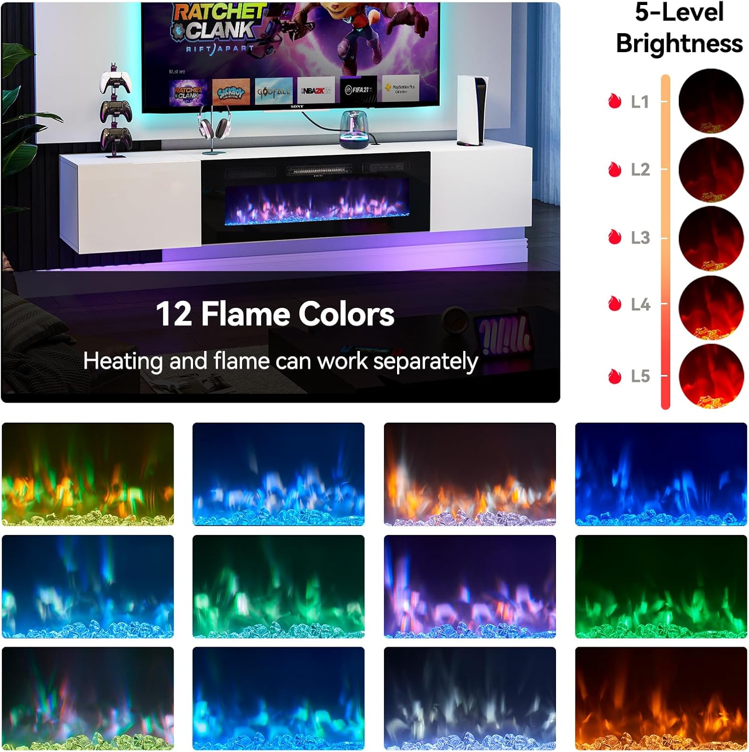 70" Floating Fireplace TV Stand, White Entertainment Center & Black Electric Fireplace, High Gloss Doors, Floating TV Console Wall Mounted, Suitable for TVs up to 80 Inches
