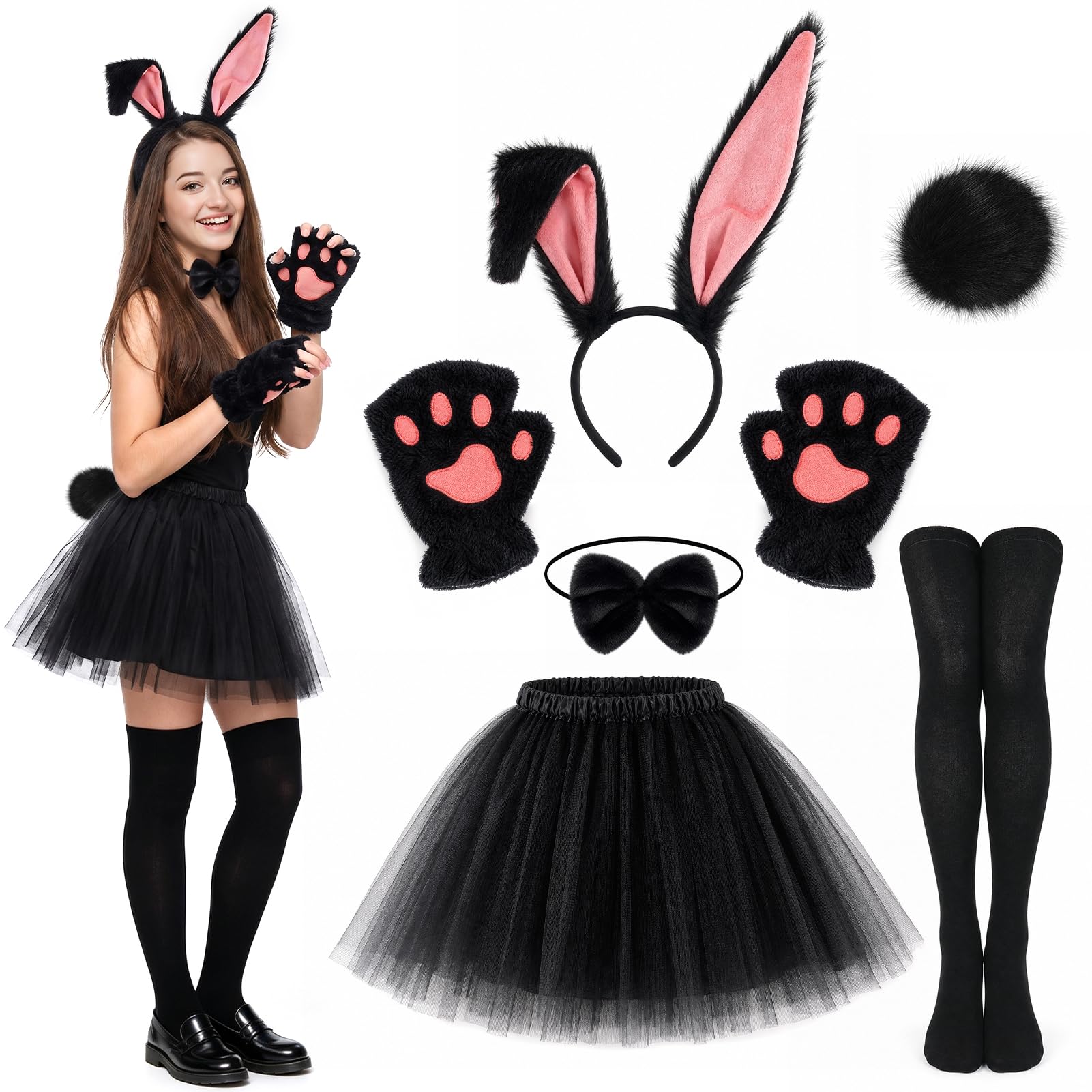Beipegin Bunny Costume Adult Bunny Ears Headband Rabbit Bowtie Tail Tutu Skirt Stocking White Rabbit Dress Up Easter Carnival Costume