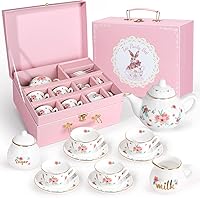 iAOVUEBY Porcelain Tea Set for Girls - Princess Tea Party Playset 49PCS with Teapot Cups Carry Case Toddler Toys Age 3+