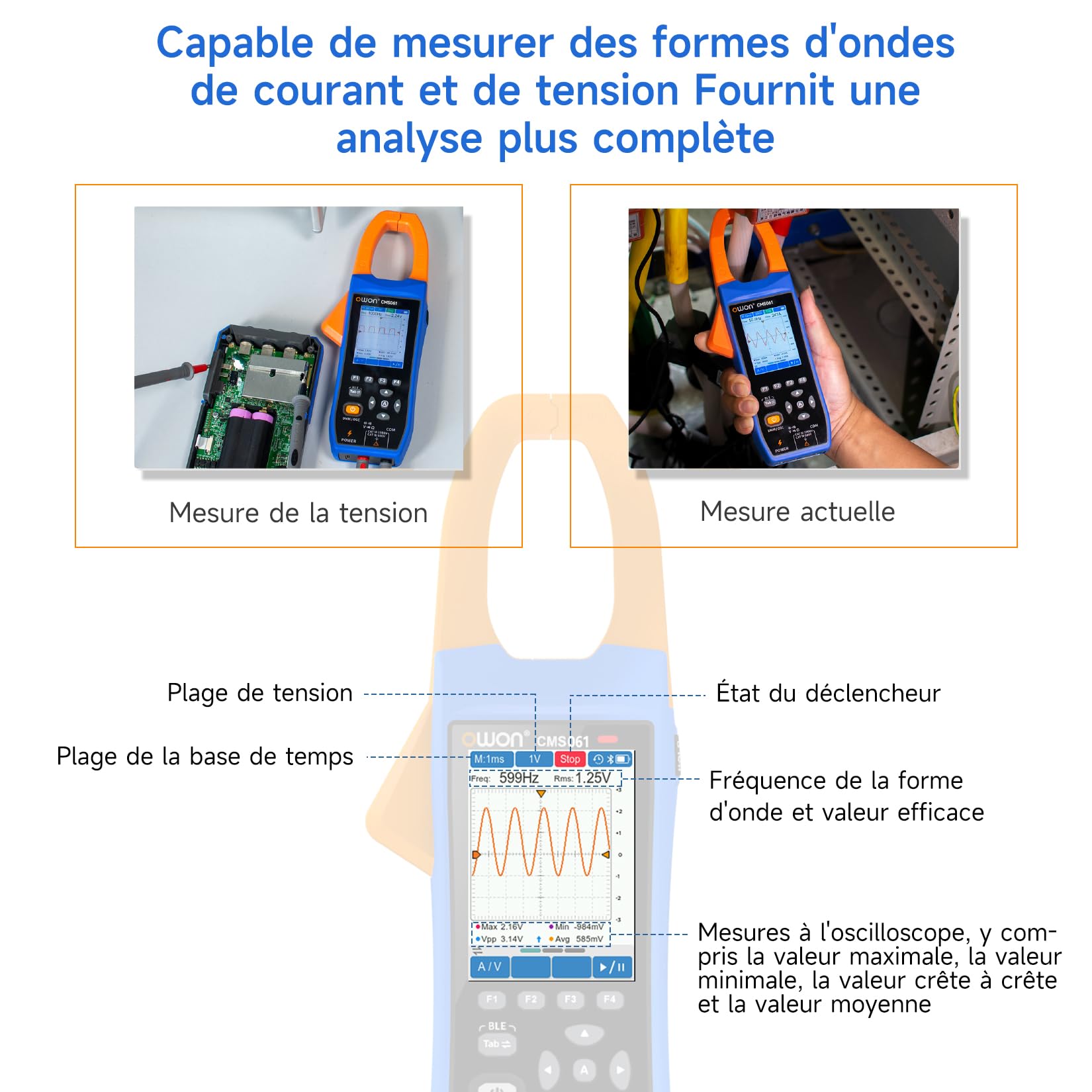 OWON CMS061 Pince électrique AC/DC 600A, fonction écrivain, oscilloscope 3-en-1, 20000 Count True RMS Auto-Ranging, Alarme, NCV, Pince d'alimentation Bluetooth