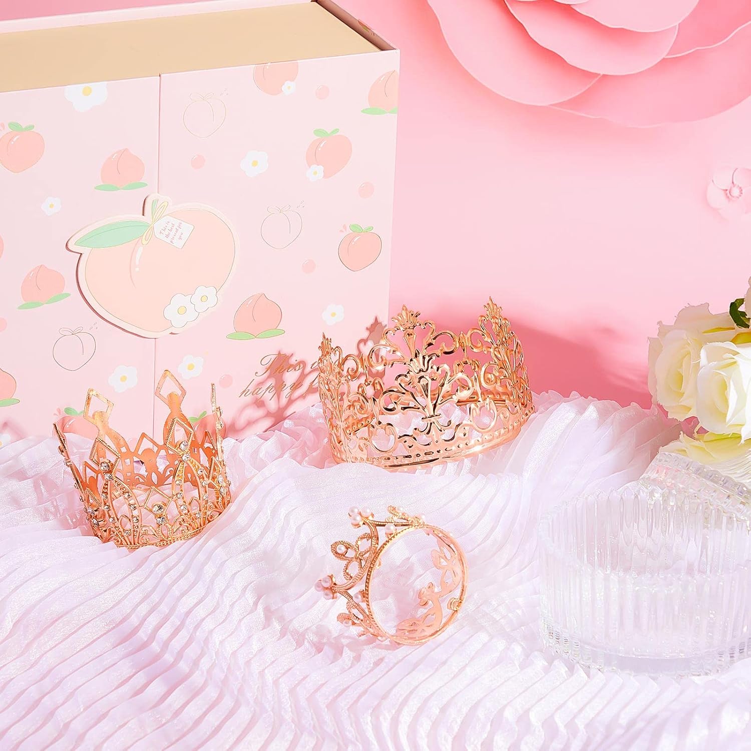 6 Piece Mini Crown Cake Topper Set - Rhinestone & Pearl Tiaras For Baby Shower, Birthday, Wedding Cake Decor - View #7