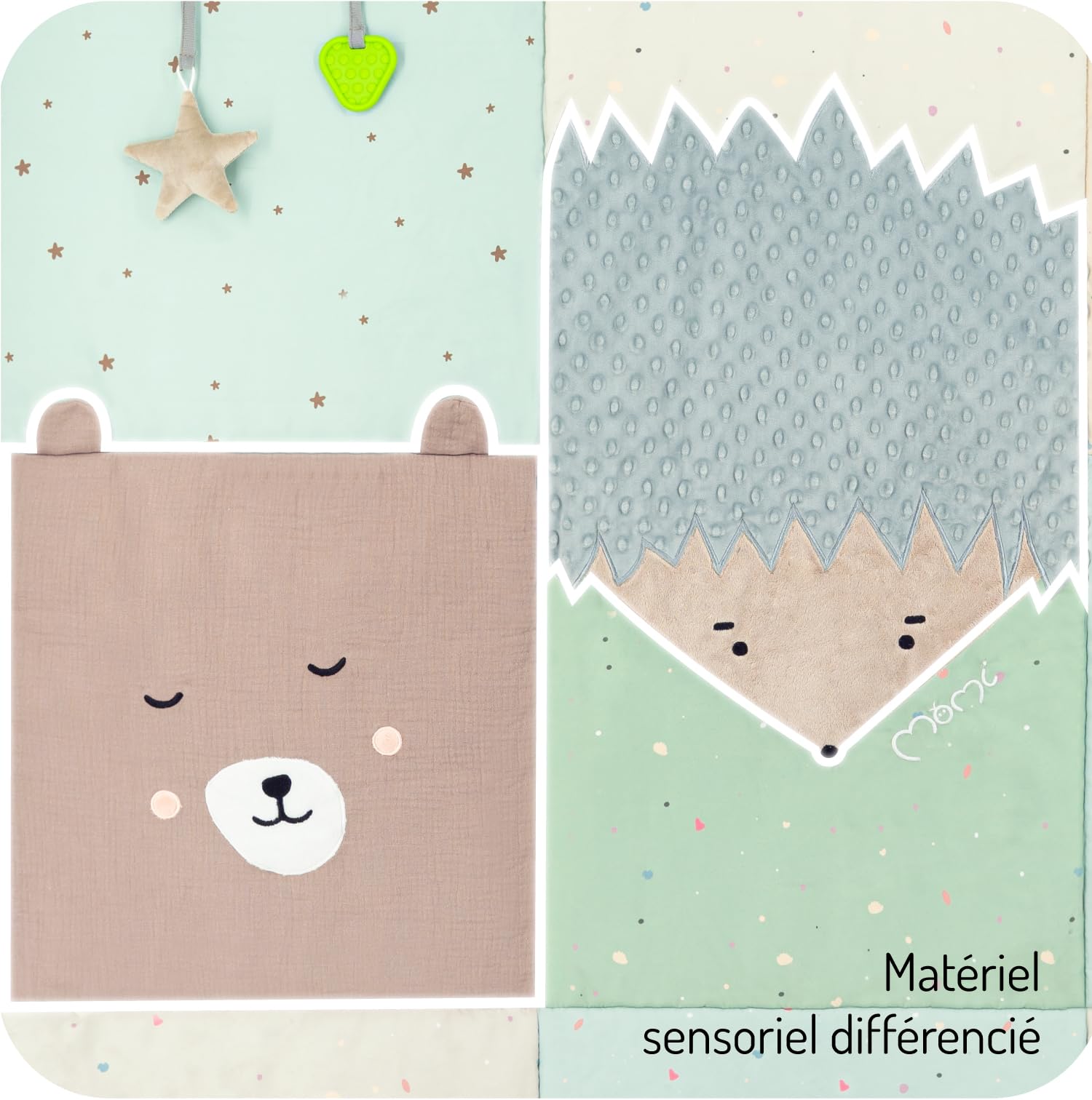 Tapis sensoriel Momi VOLPI pour bébés et tout-petits 120 x 160 cm, tapis de jeu et couverture rampante pour filles et garçons, pliable dans un sac avec poignées de transport