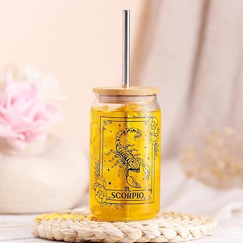 Scorpio Beer Can Glass 16 OZ Constellation Iced Coffee Glass with Lid Metal Straw and Cleaning Brush, Reusable Drinking Glass Cup for Coffee Tea Soda Juice, Zodiac Gifts for Women and Men, Set of 1