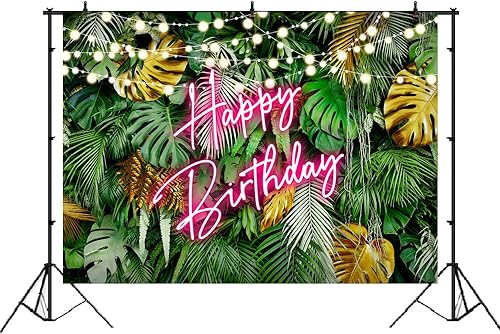 Miniatura 2 de Lofaris Telón de fondo hawaiano tropical Aloha con hojas de palmera feliz cumpleaños, color rosa, neón, hojas verdes selva, fondo para adultos y