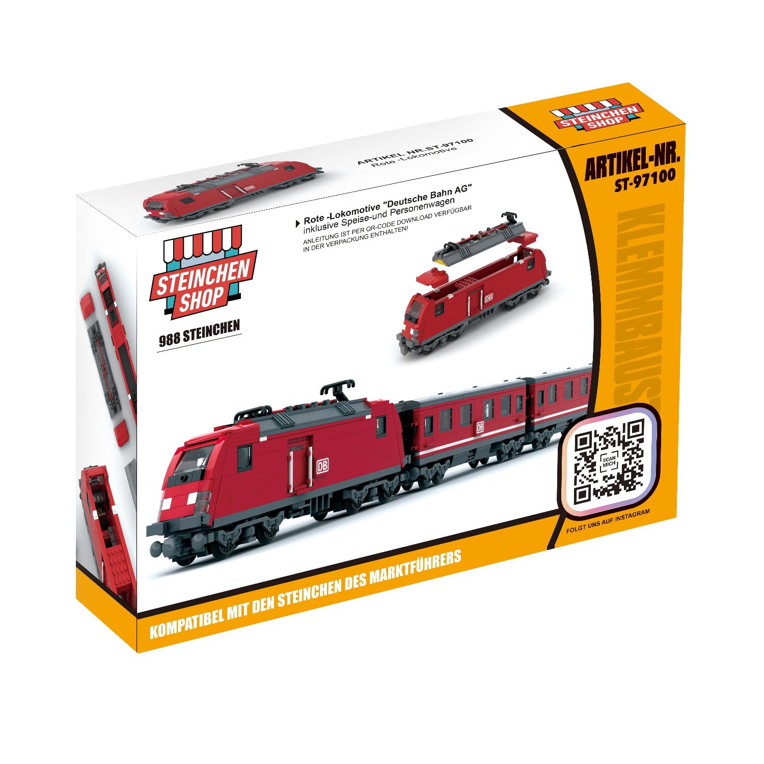 DB Lokomotive 988 Klemmbausteine für City und Zug - Bausteine für Kinder | mit Speise- und Personenwagen – 76,5 cm lang – mit bedruckten Steinen – kompatibel mit gängigen Bausteinsystemen und Lego