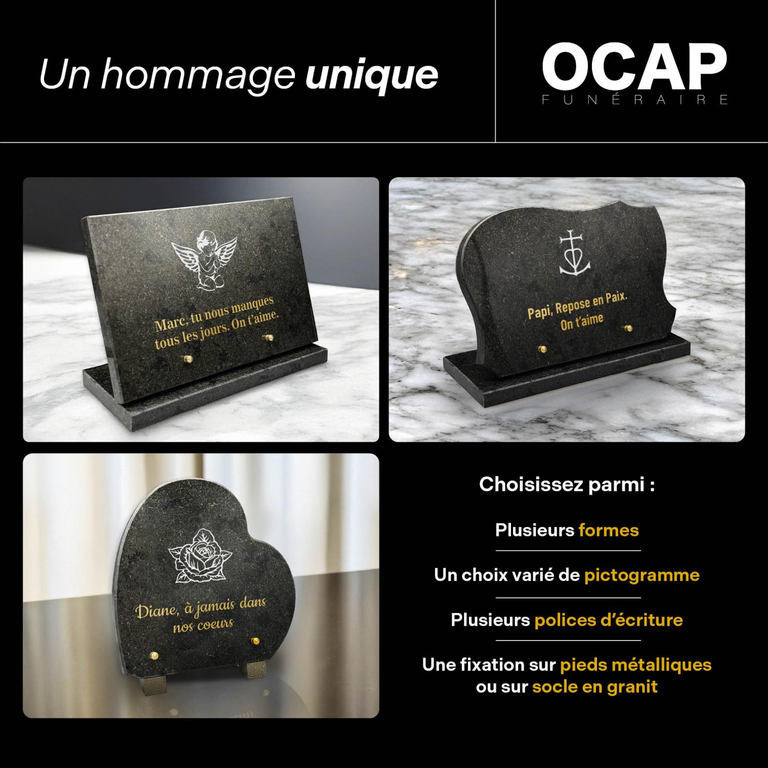 Placa funeraria rectangular redondeada de granito genuino de 2 cm, personalizable con Pictograma y texto, 29 x 19 cm