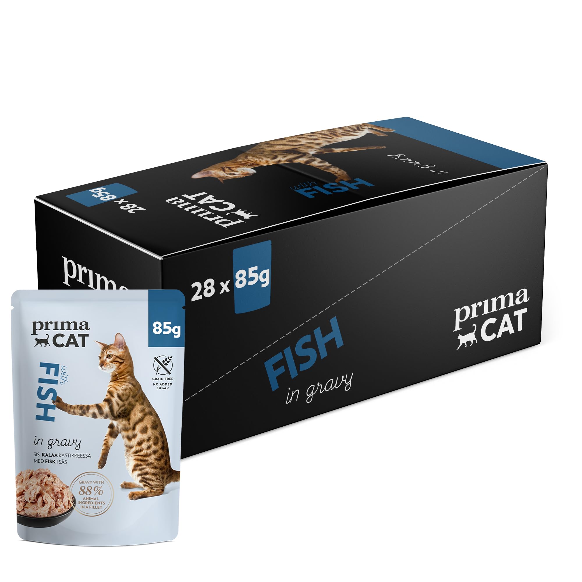 PrimaCat - Classic Complete Wet Cat Food, Fish in Gravy Flavoured Cat Food, 28 pack of 85g- Amazon Exclusive