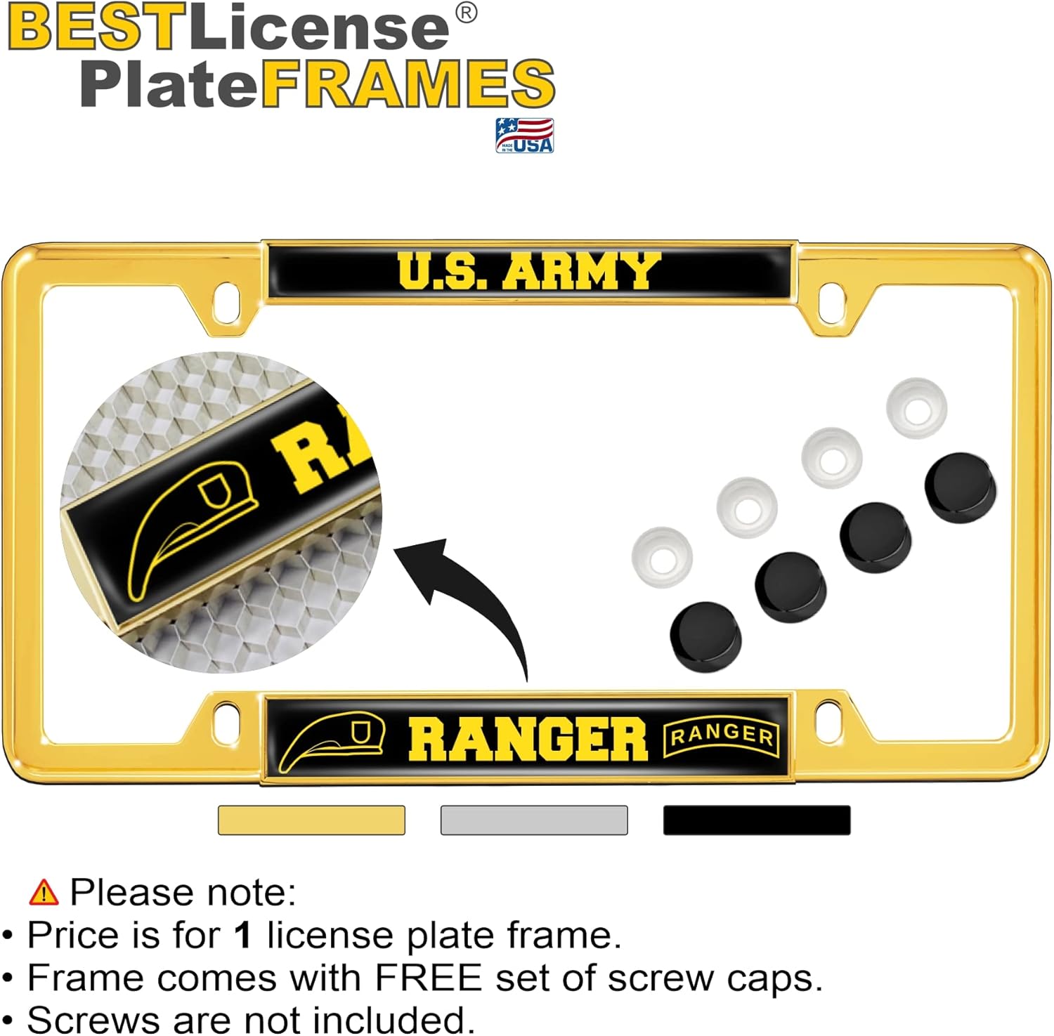 [Officially Licensed Product] - U.S. Army Ranger - Domed Custom-Made Personalized Narrow (Thin) Top 4 Hole Metal Car License Plate Frame with Free caps - Gold (Qty: 1 Frame)