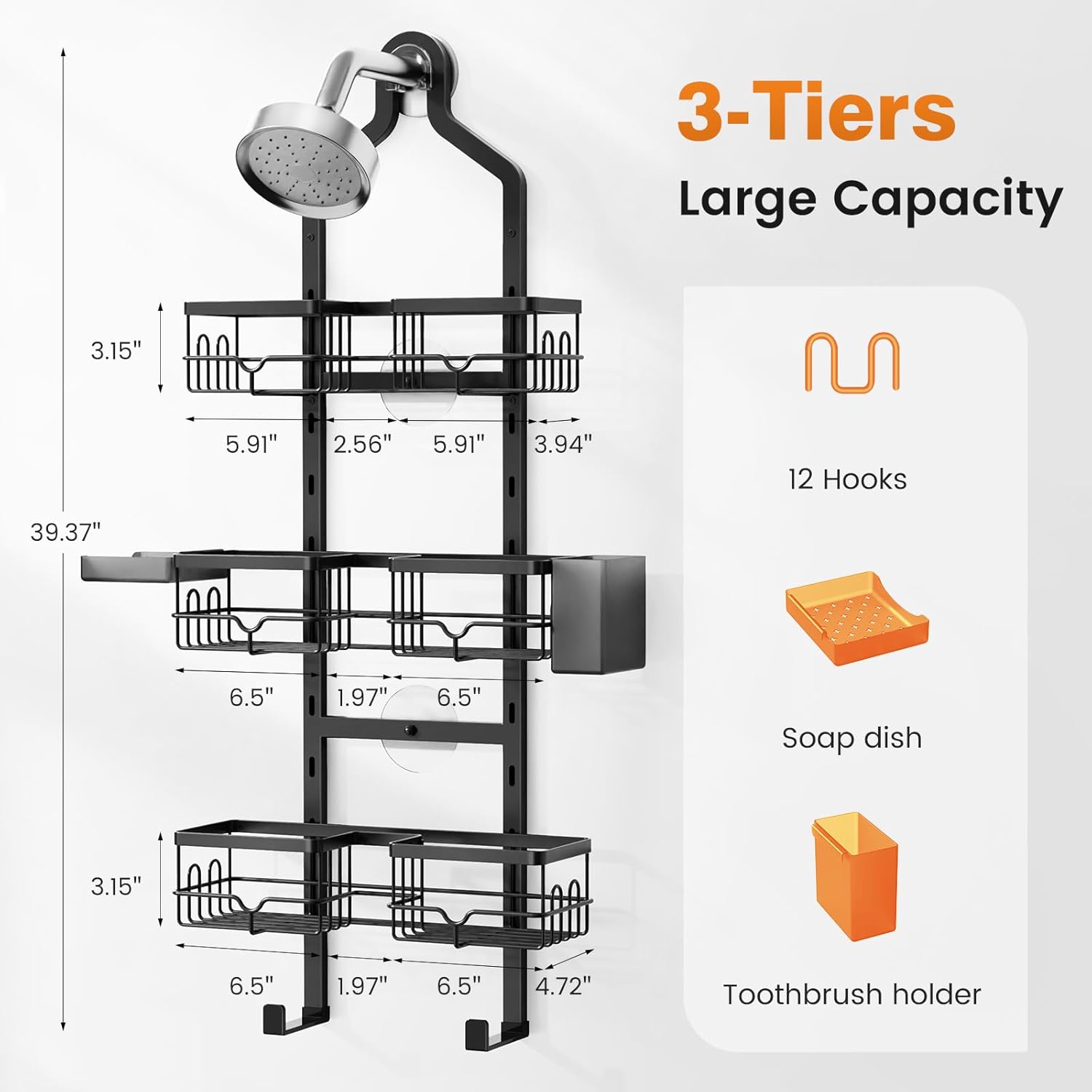 Vatex Shower Caddy Hanging Organizer, 3 Tier Adjustable Bathroom Shelves, Rustproof Over The Showerhead/Door Hanging Shelf for Inside Shower - No Drilling Shower Rack Bath Storage With Soap Holder