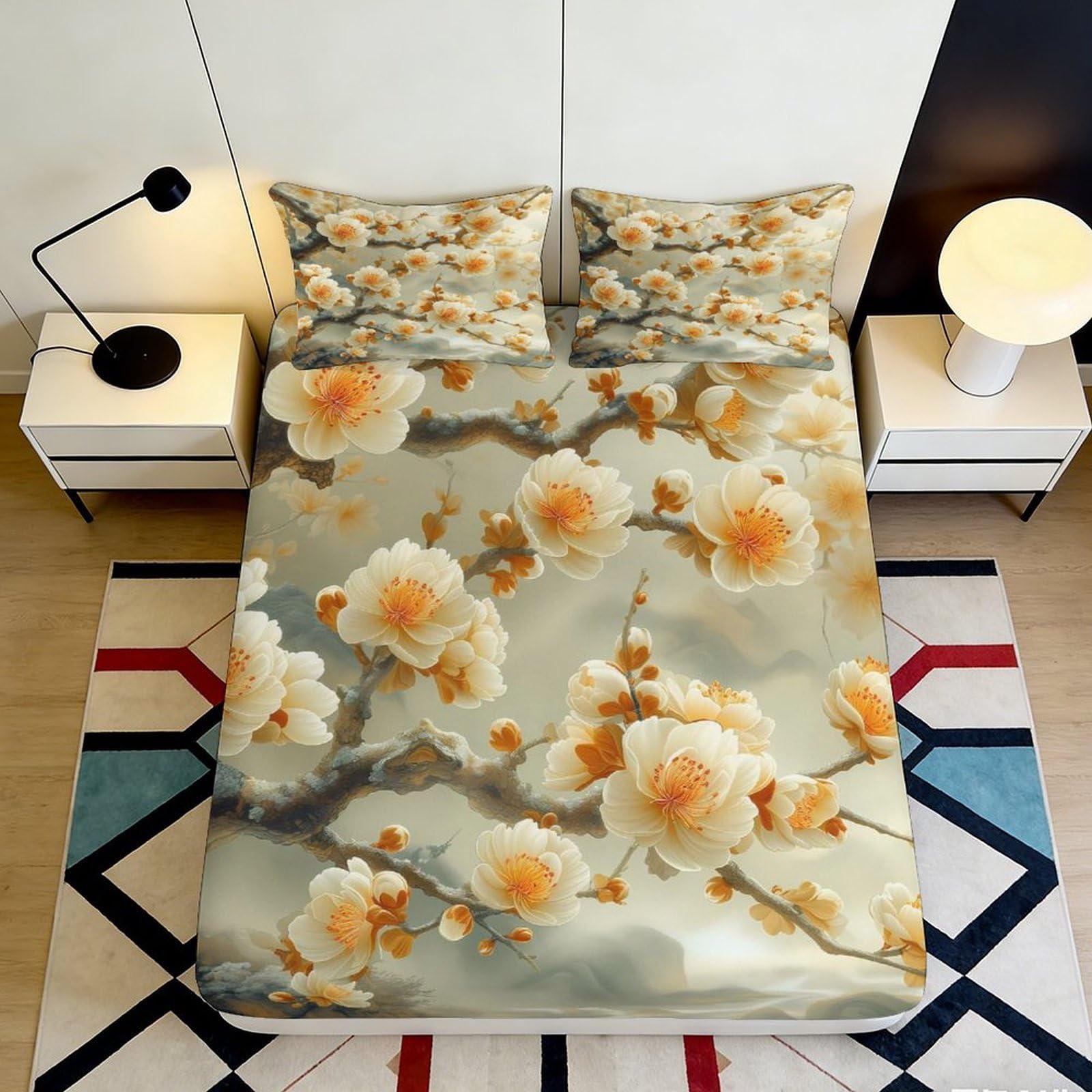 3D Printed Cherry Blossom Fitted Sheet Microfiber Soft Breathable Floral Branch Bed Cover for Bedroom Dormitory Guest Room Mattress Protection 90x200x25cm