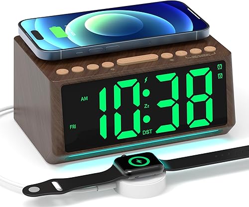 Miniatura 1 de Reloj despertador digital retro para dormitorios con números grandes, reloj de escritorio con estación de carga inalámbrica, 7 luces de estado de