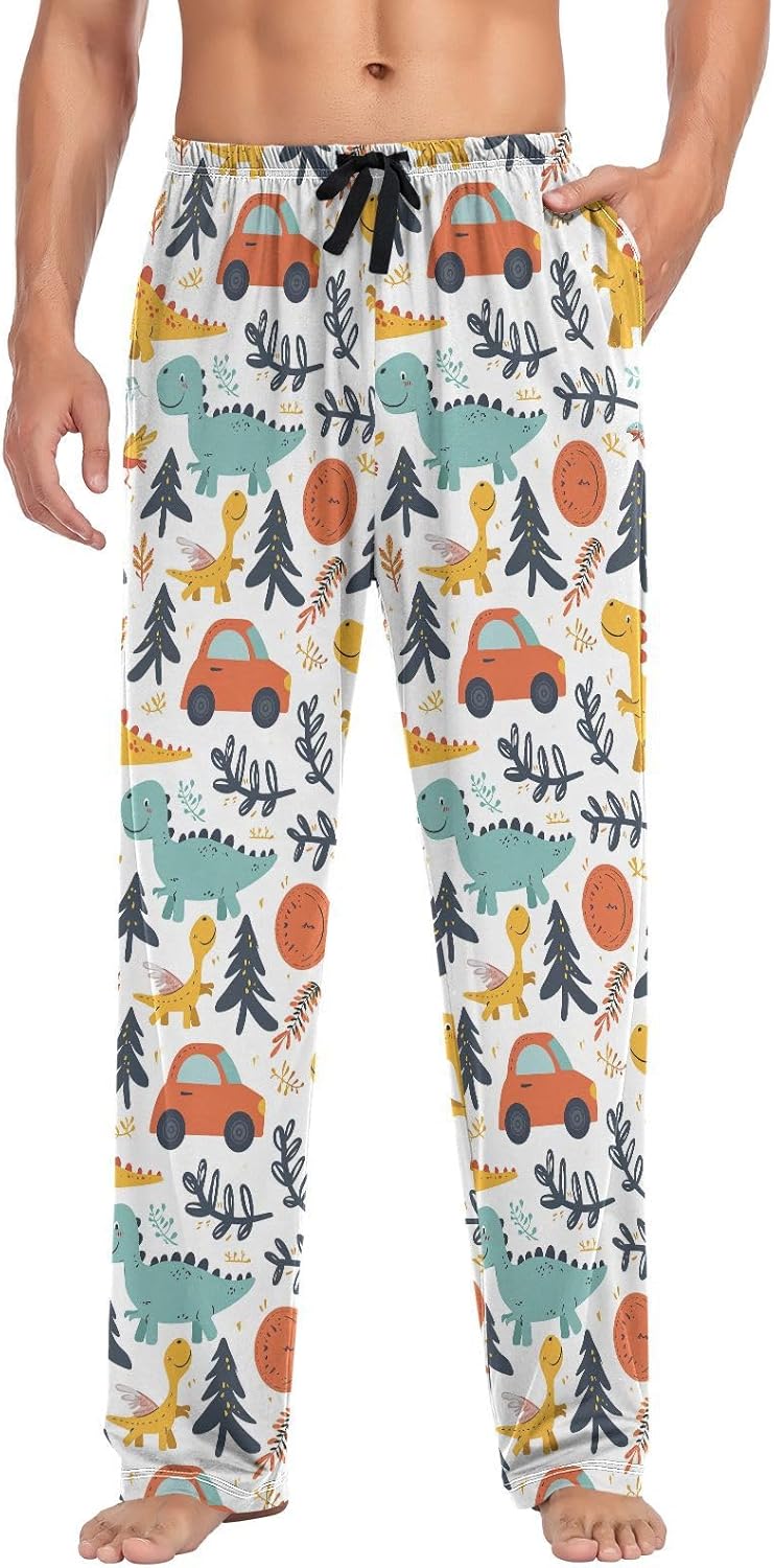 ALAZA Dinosaur Dino Car Men's Sleepwear Mens Pajama Pants Bottoms with Pockets, S