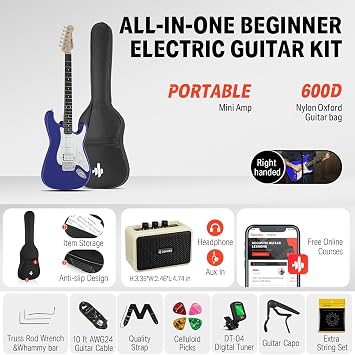 Donner 39 Inch Electric Guitar Beginner Kit Full Size Purple Sapphire Blue HSS Pick Up Starter Package with Amp Online Lesson Bag Tuner Capo Strap String Cable Picks DST-100L