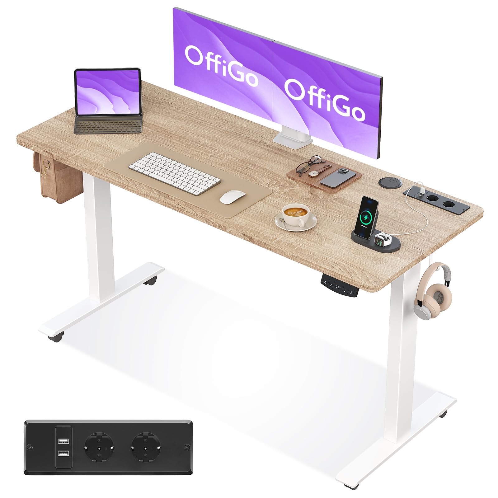 OffiGo Escritorio Elevable, 140cm, Mesa Elevable Escritorio con Carga USB, Mesa Regulable Altura con 2 Memorias, Escritorio Elevable para Oficina, Casa, Juegos, Beige