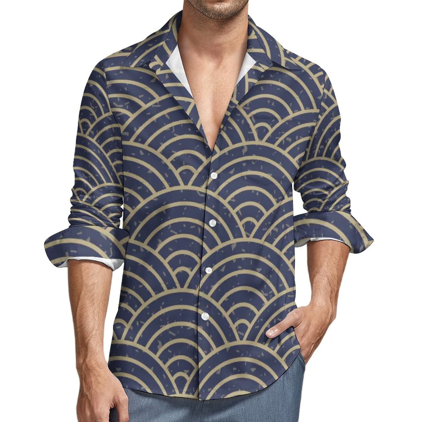Amazon.co.jp: シャツ メンズ 和柄 青海波 長袖 Tシャツ アロハシャツ 