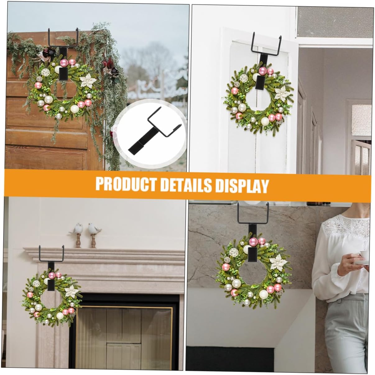 Cabilock 4pcs Black Wrought Iron Door Wreath Hooks Double Hook Over The Door Hanger for Front Garland and Wreath Sturdy Metal Christmas Decoration Hangers for Holiday Home Use