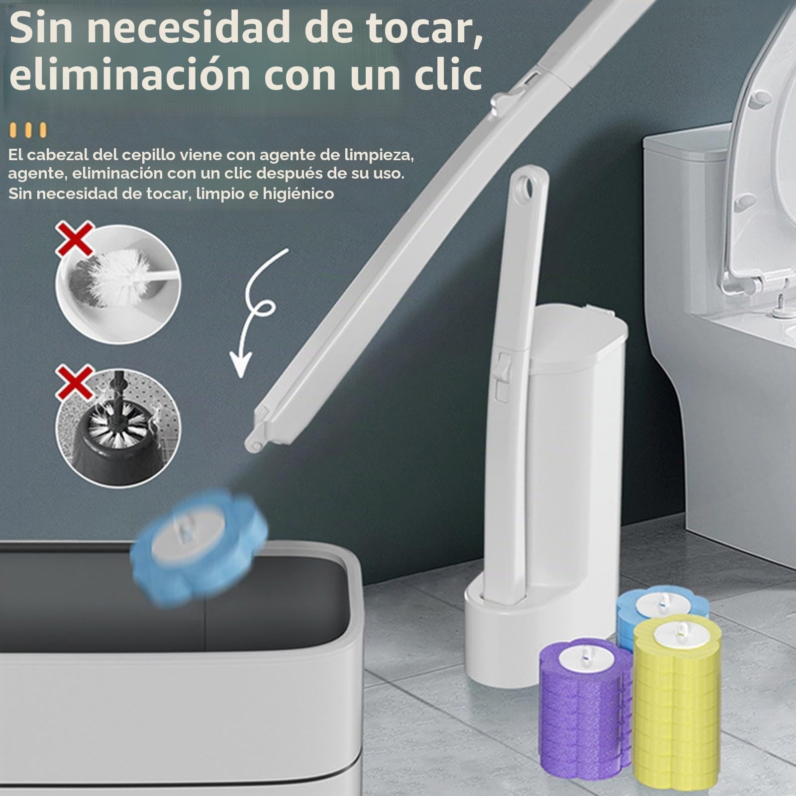 Escobillas de Baño Desechable, 2 Escobillas WC con Soporte de Pared, Escobilla WC Desechable con 24 Cabezales con Limpiador Integrado, Ahorra Espacio, Blanco