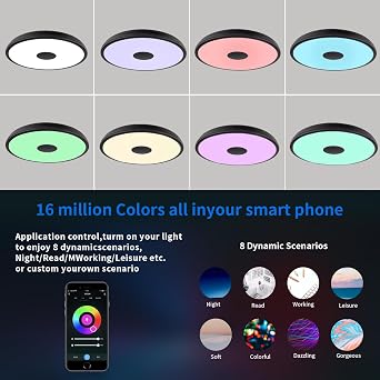 Black Smart Waterproof LED Flush Mount Ceiling Light Fixture,18W,with Bluetooth Speaker,RGB Color Changing Function-Dimmable Lamp,Tuya Application Control-Compatible with Alexa Google Home [Energy Class E]