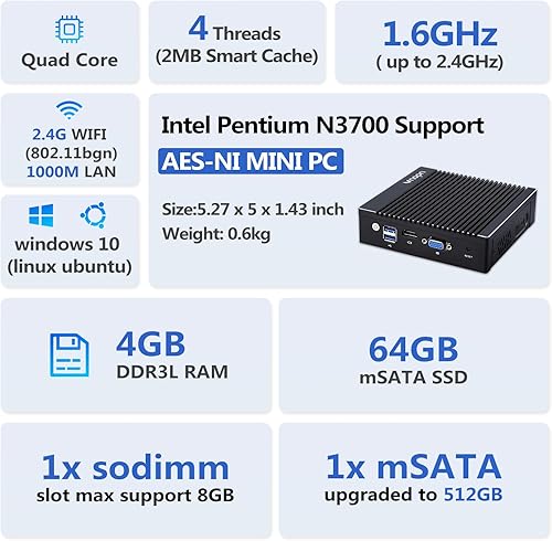 Miniatura 2 de Micro Firewall Appliance Intel N3700 Quad Core, 4 puertos Intel 2.5GbE NIC sin ventilador Mini PC, 4GB RAM DDR3, 64GB mSATA SSD, Mini computadora