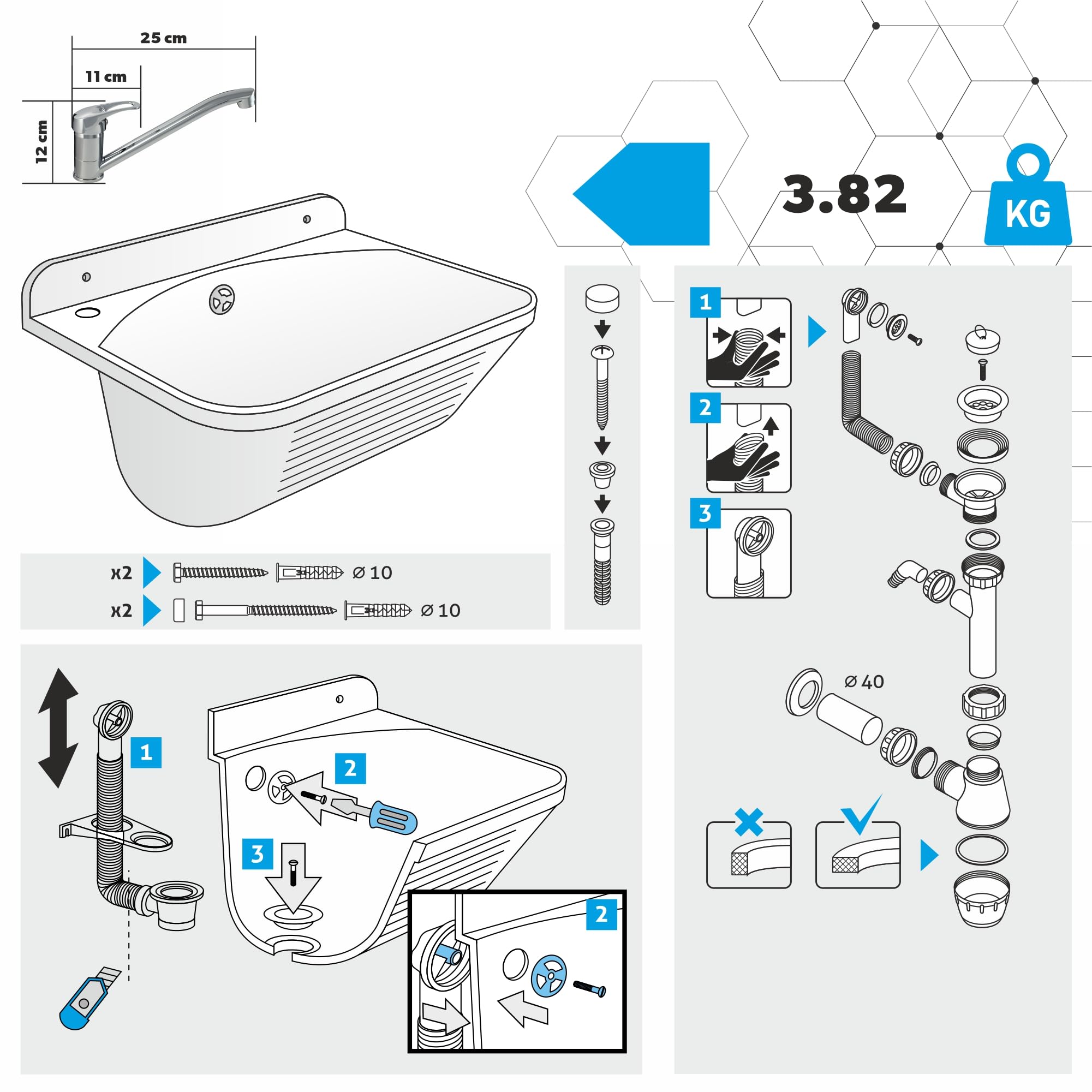 GOSPO Fregadero con grifo giratorio, sifón, lavabo 46 x 36 x 20 cm, lavadero para garaje, lavabo, sótano, montaje en pared, en placa, fregadero, incluye accesorios (gris)