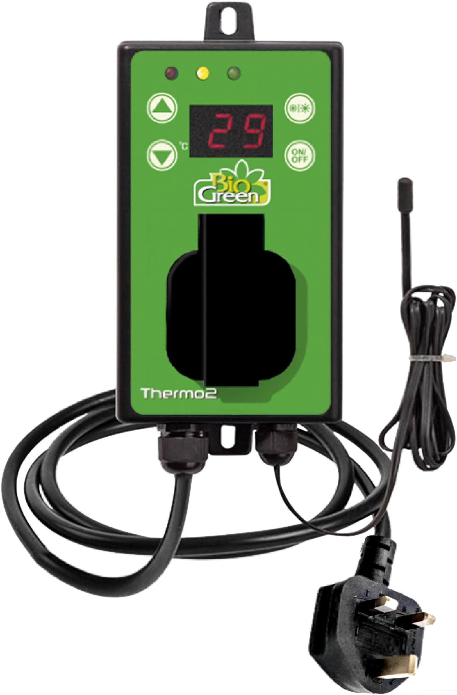 Bio Green Thermo 2 Digital Thermostat Controller with Sensor – Heating & Cooling Plug-In Thermostat for Greenhouse, Grow Tent & Indoor Garden – 3000W Capacity, Auto On/Off, Energy Saving – TER2