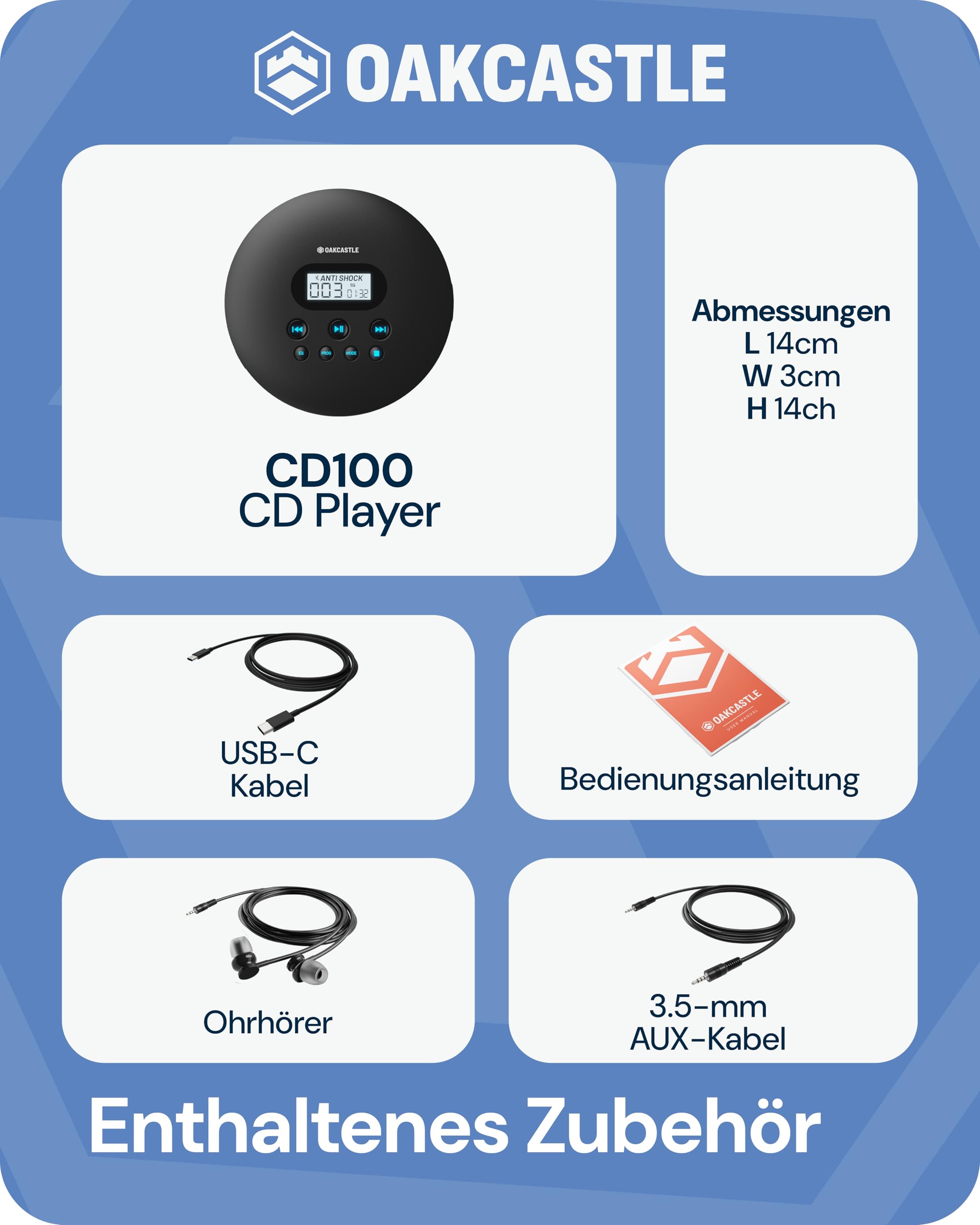 Oakcastle CD100 Rechargeable Bluetooth CD Player | 12hr Portable Playtime | In Car Compatible Personal CD Player | Headphones Included, AUX Output, EQ, CD Walkman (Schwarz)