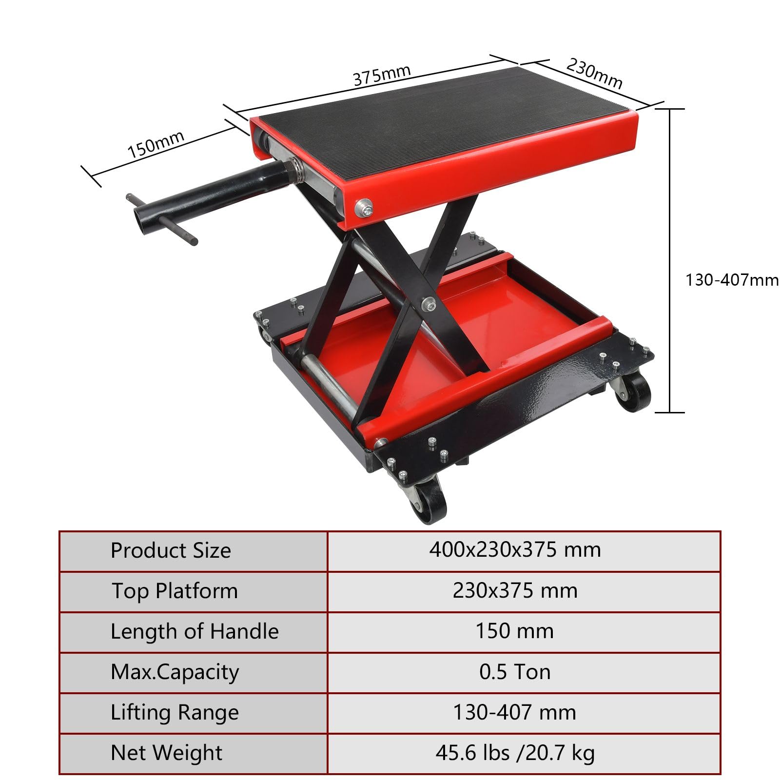 Cric de Moto Levage 500 kg Hauteur 130-407mm Pont élévateur Moto Chariot en Acier Plate-Forme Cric de déplacement Élévatrice Moto Lève Sécurisée Table Réparation Quad ATV Atelier Rouleaux à 360°