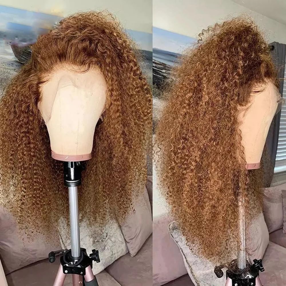 Afro Kinky Curly 100% Virgin Human Hair Wigs 180% Density Ombre Blonde #27 Color Human Hair Wigs with Bleached Knots 13x4 Transparent HD Lace Front Wigs with Natural Baby Hair for Women 14 Inch