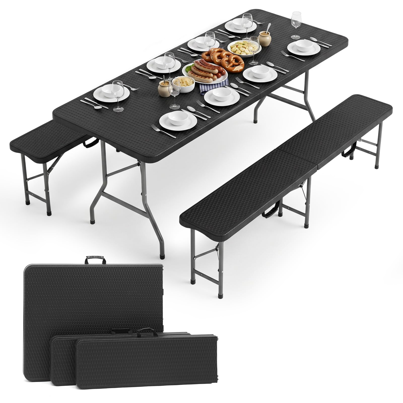 Sekey Bierzeltgarnitur Klappbar, Kunststoff Biertischgarnitur 180cm, 3-teilig Set Tisch + 2 x Bierbank mit Tragegriffe, Gartenmöbel Set für drinnen draußen, Festzeltgarnitur Rattan-Optik (Schwarz)