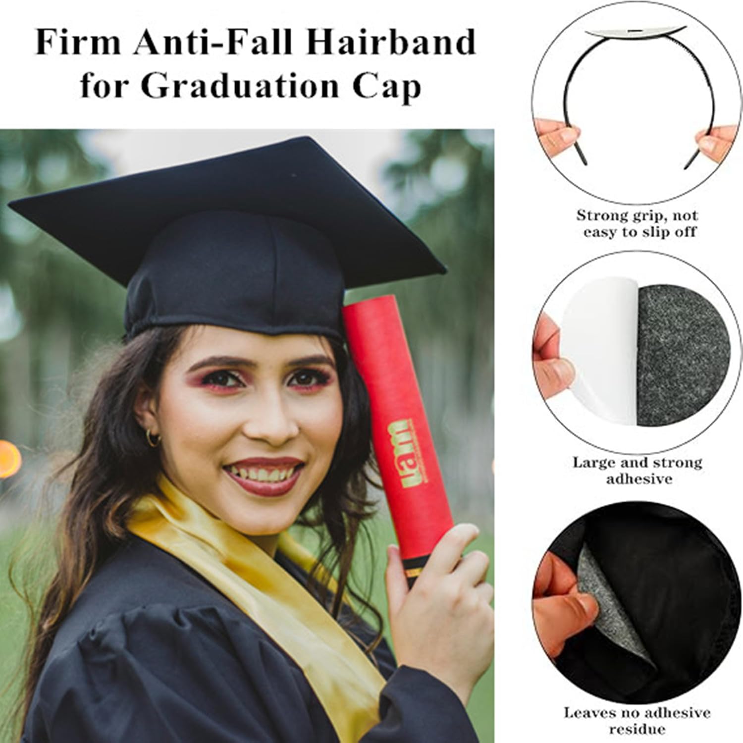 Graduation Cap Headband, Firm Anti-fall Hair Band for Graduation Cap Insert, Black Hairstyle DIY Graduates Gifts Hat Accessories for Students, Women (GradCap Not Included) image 2