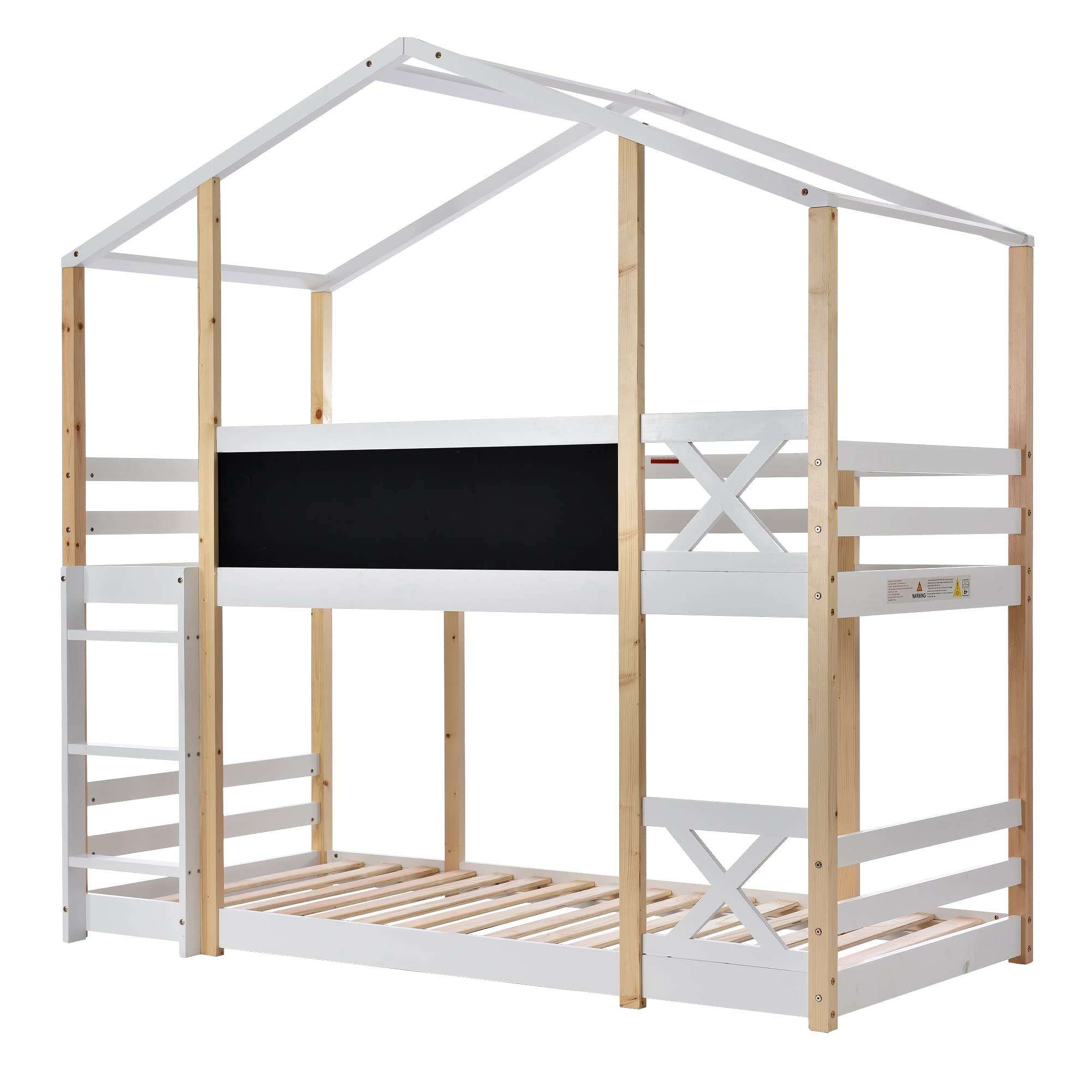Idemon Cama infantil con tobogán y escalera de 90 x 200 cm, cama alta para niños, 2 somieres, color natural y blanco