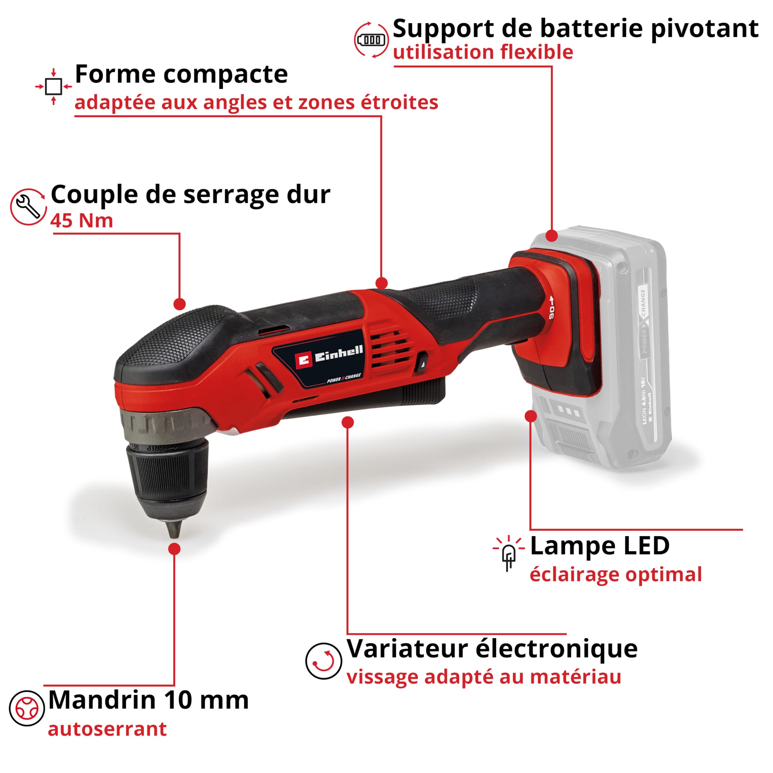 Einhell Perceuse-visseuse d’angle sans fil TE-AD 18 Li-Solo