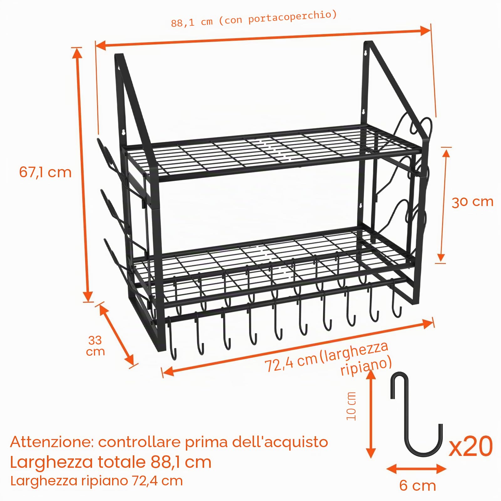 VyGrow Scaffale da parete da 71 cm, organizer per pentole e padelle a 2 livelli con 20 ganci e 6 supporti per coperchi, in acciaio resistente, per pentole e padelle da cucina, 88,1 cm di lunghezza x