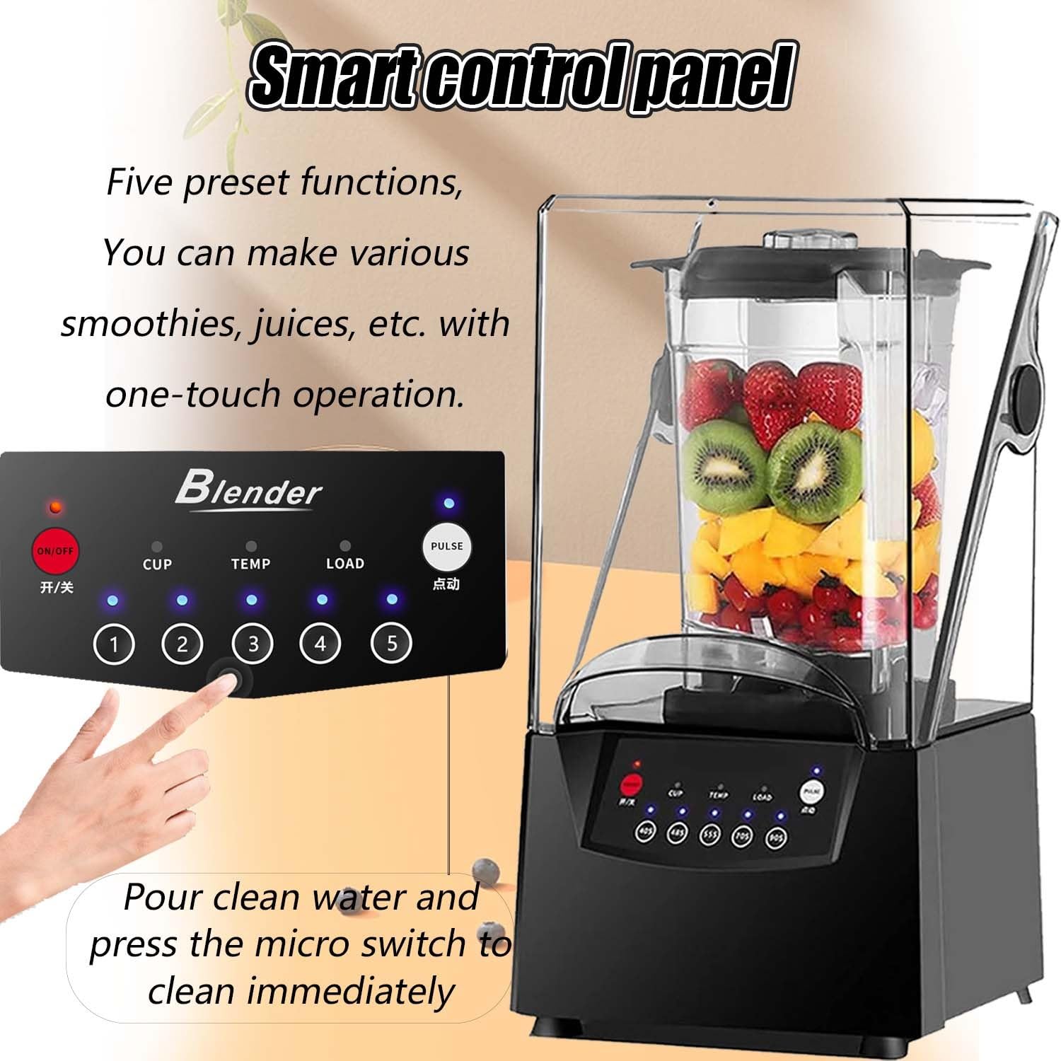 Profesjonalny blender cichy 2200W z osłoną akustyczną, 2L pojemnik PC, 6 ostrzy stalowe, smoothie maker, do koktajli, lodu, zup i użytku gastronomicznego