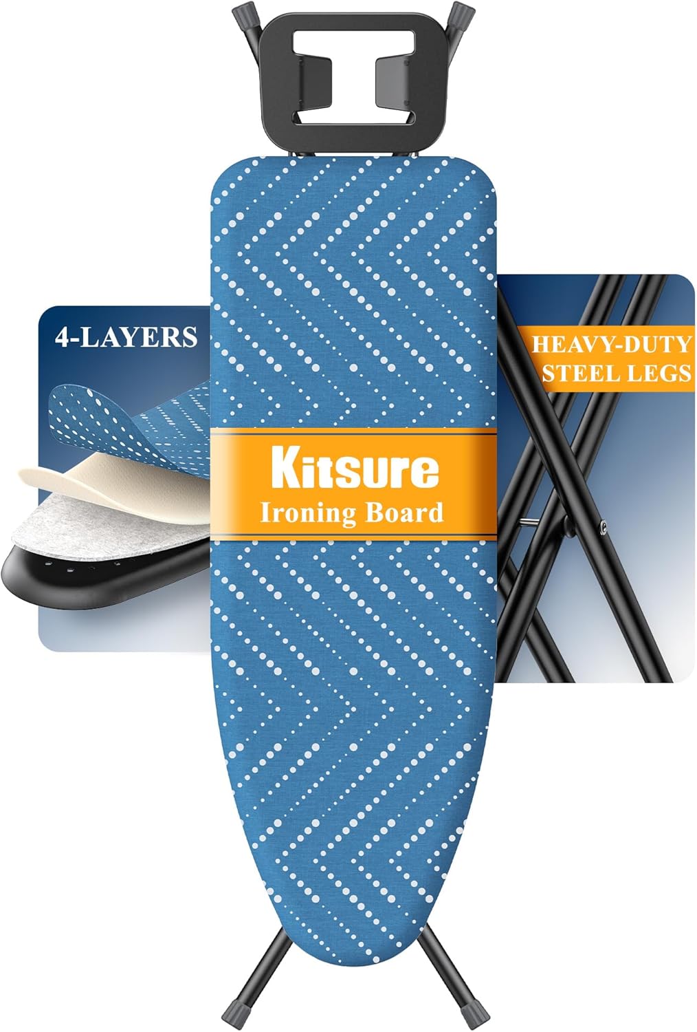 Kitsure Folding Ironing Board - Height Adjustable Iron Board in Full Size, Wobble-Free & Heavy-Duty Ironing Board with Cover and Pad for Heat Resistance, Blue, 43"L x 13"W x 35.8"H, Garment Steamer
