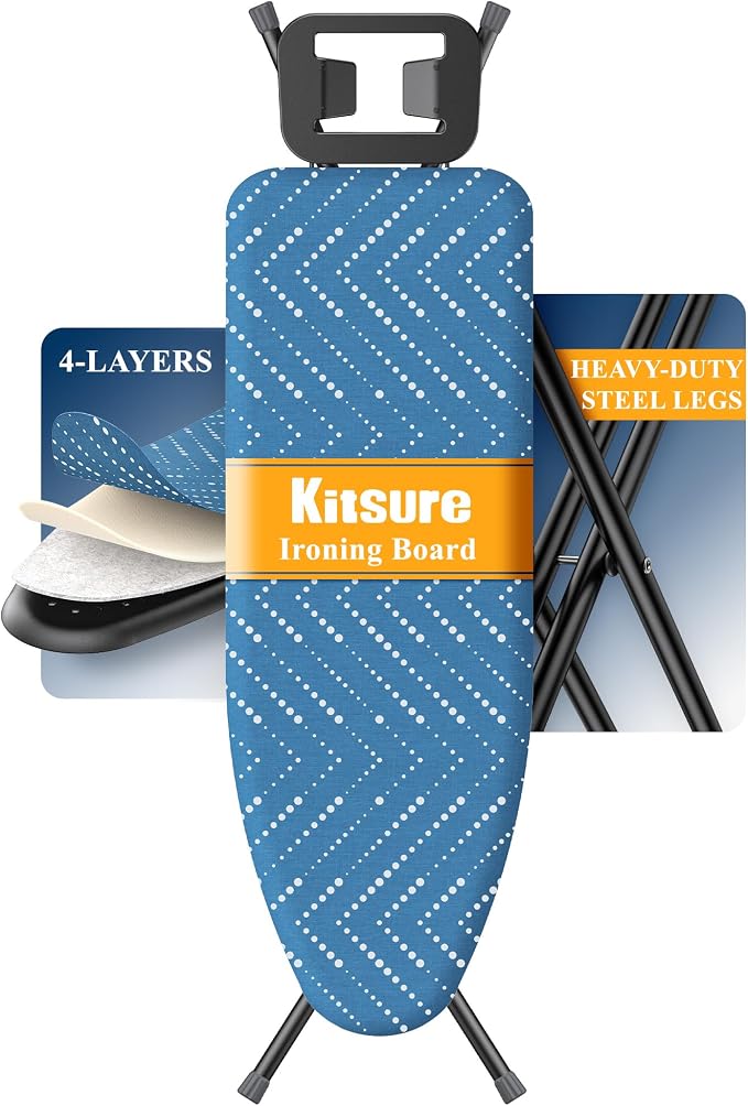 Kitsure Folding Ironing Board - Height Adjustable Iron Board in Full Size, Wobble-Free & Heavy-Duty Ironing Board with Cover and Pad for Heat Resistance, Grey, 43" L x 13" W x 35.8" H