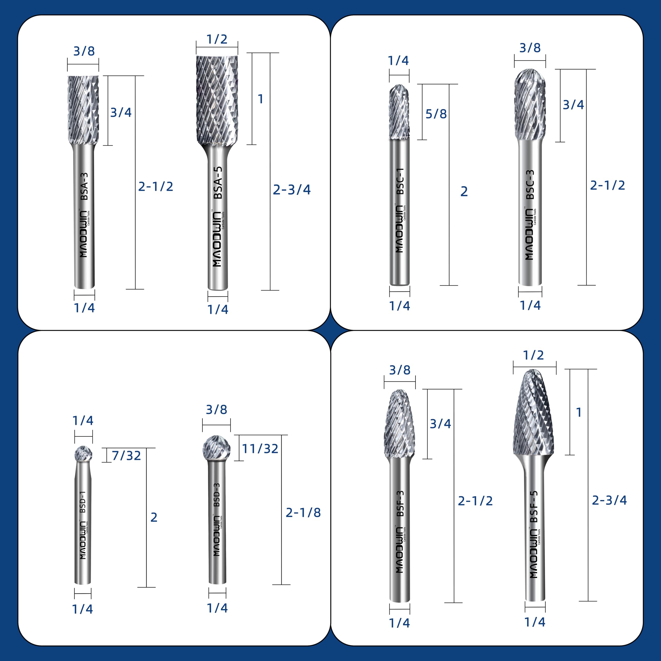 Set di frese in carburo da 1/4, 8 pezzi, kit di lime rotanti in carburo di tungsteno, con custodia, punte per smerigliatrice per incisione su metallo, intaglio e sbavatura del legno