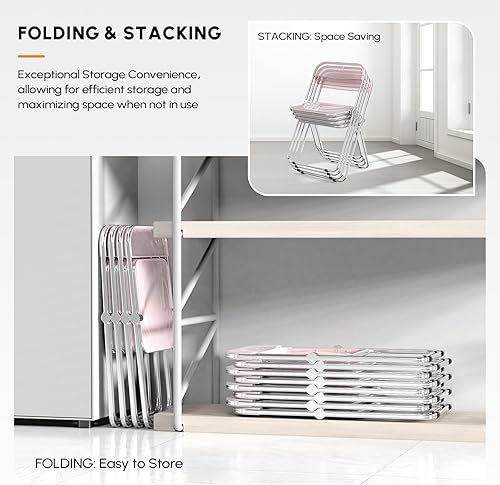 Miniatura 8 de VINGLI Paquete de 2 sillas plegables de acrílico, silla transparente plegable y apilable, panel de plástico y marco cromado de metal, capacidad de