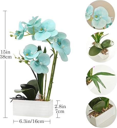Vista 106 de Flores artificiales de orquídea de tacto real en maceta, flor falsa de Phalaenopsis con jarrón de cerámica blanca, arreglo de orquídeas sintéticas